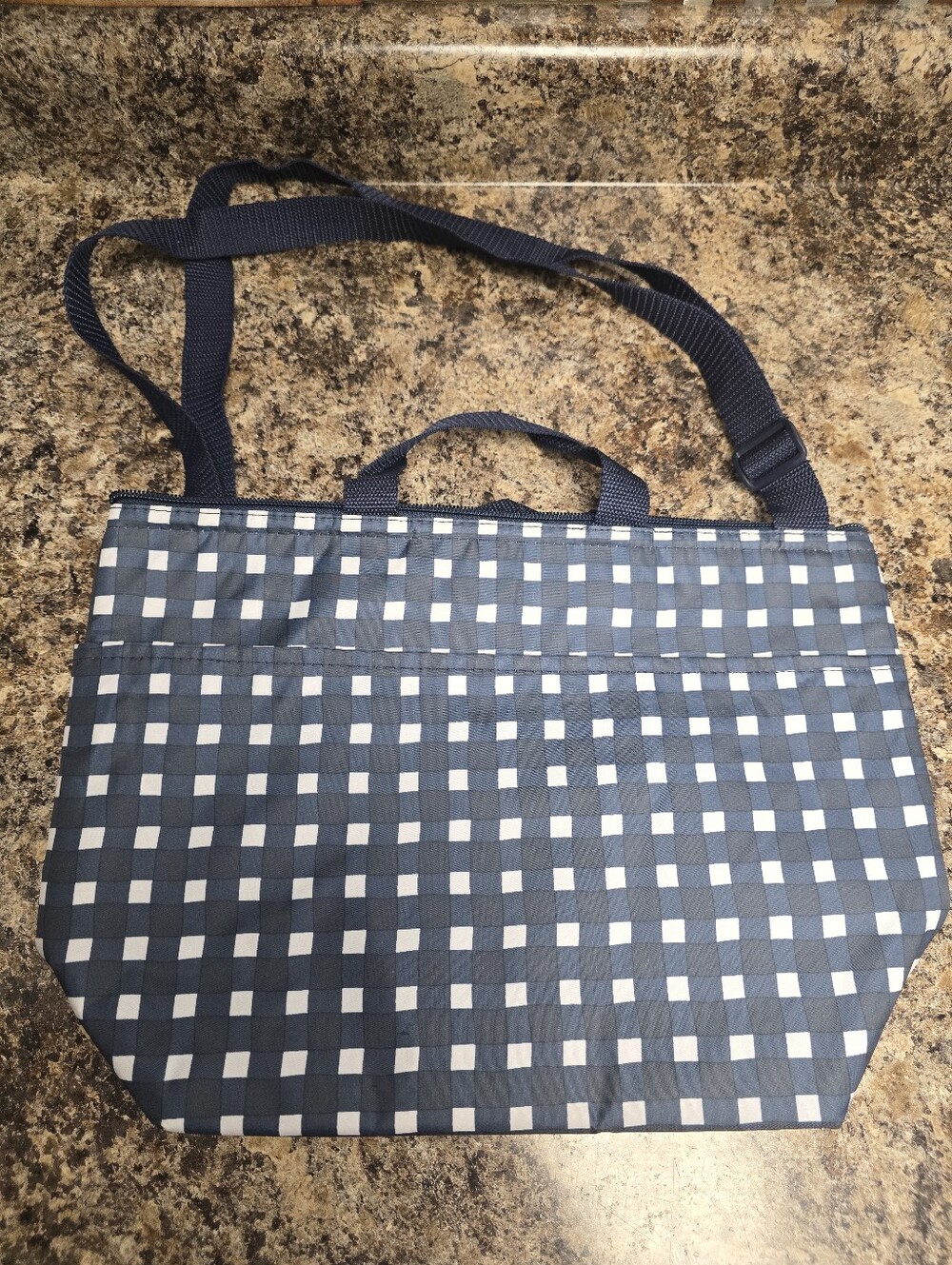 Navy Checkered Insulated Tote Bag